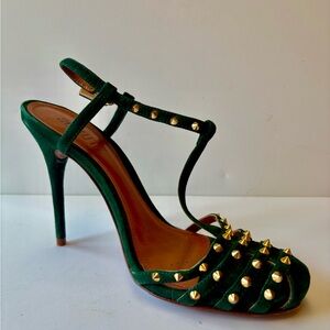 SCHUTZ Forest Green Suede Strappy Stiletto Heels Gold Studs 4.25” Heel Leather